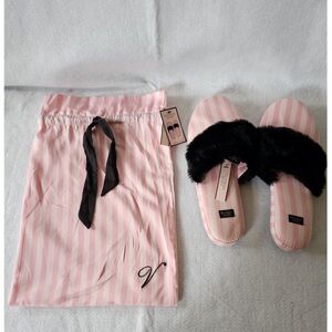 Victoria's Secret SATIN SLIPPERS FAUX FUR STRIPED PINK WHITE BLACK MEDIUM  5-6